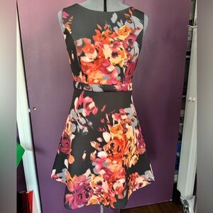 Cynthia Rowley Watercolor Floral  Black and Orange Scuba Dress Size 6